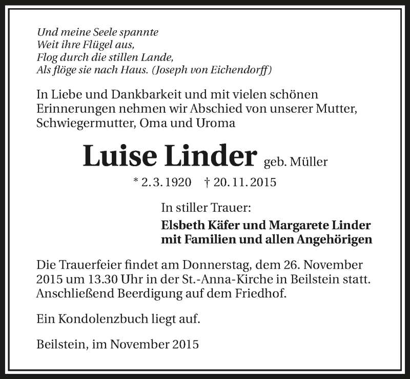  Traueranzeige für Luise Linder vom 24.11.2015 aus 