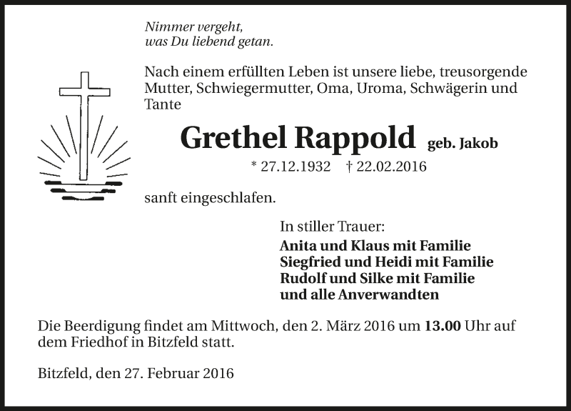  Traueranzeige für Grethel Rappold vom 27.02.2016 aus 