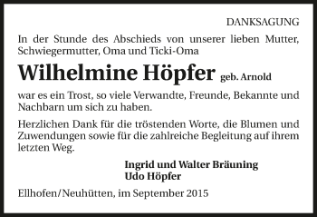 Traueranzeige von Wilhelmine Höpfer 