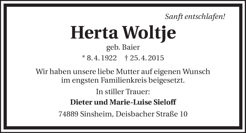 Traueranzeige für Herta Woltje vom 16.05.2015 aus 