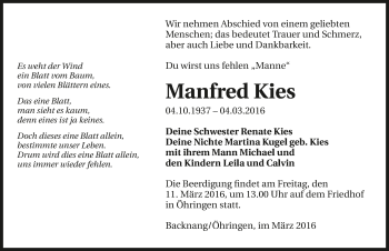 Traueranzeige von Manfred Kies 
