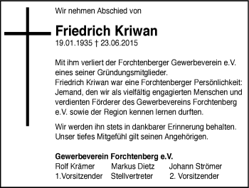Traueranzeige von Friedrich Kriwan 