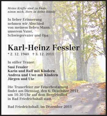 Traueranzeige von Karl-Heinz Fessler 