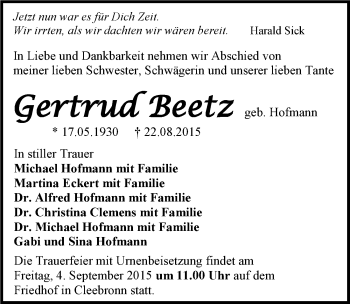 Traueranzeige von Gertrud Beetz 