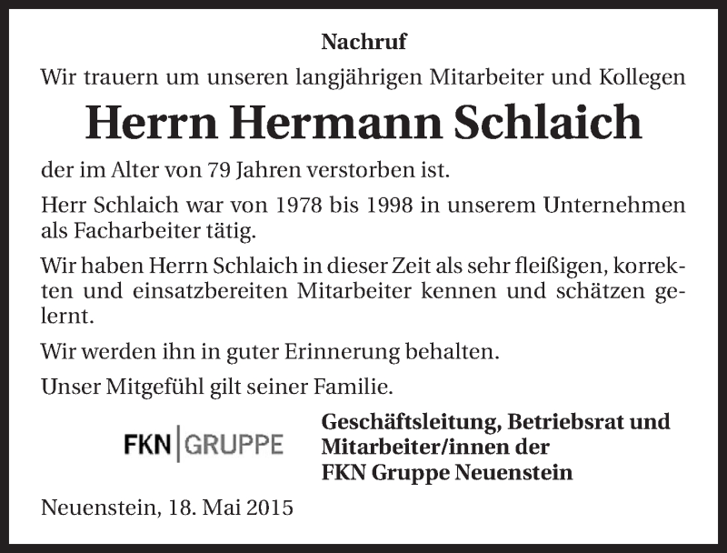  Traueranzeige für Hermann Schlaich vom 20.05.2015 aus 