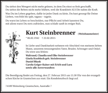Traueranzeige von Kurt Steinbrenner 