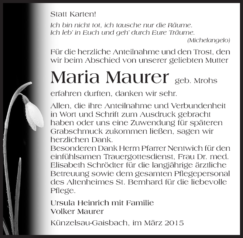  Traueranzeige für Maria Maurer vom 14.03.2015 aus 