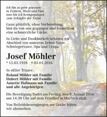 Traueranzeige von Josef Möhler 