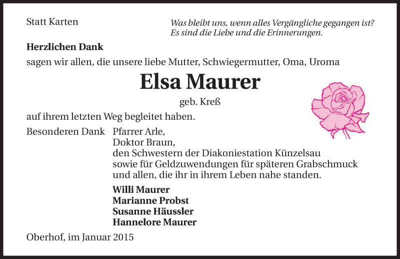  Traueranzeige für Elsa Maurer vom 26.01.2015 aus 