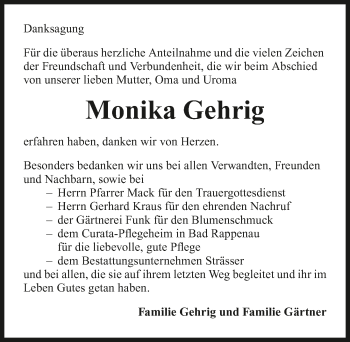Traueranzeige von Monika Gehrig 