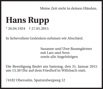 Traueranzeige von Hans Rupp 