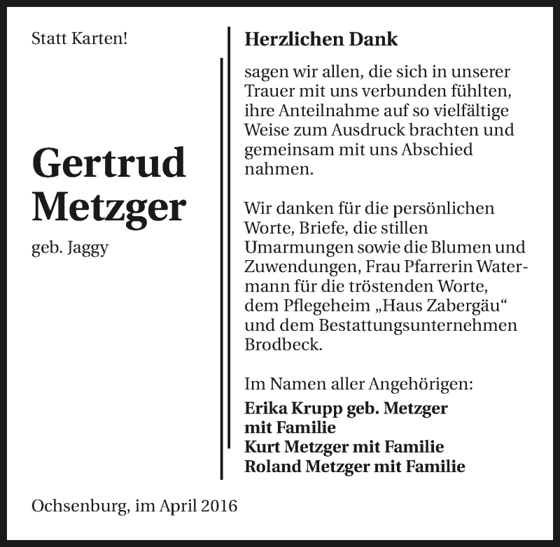  Traueranzeige für Gertrud Metzger vom 27.04.2016 aus 