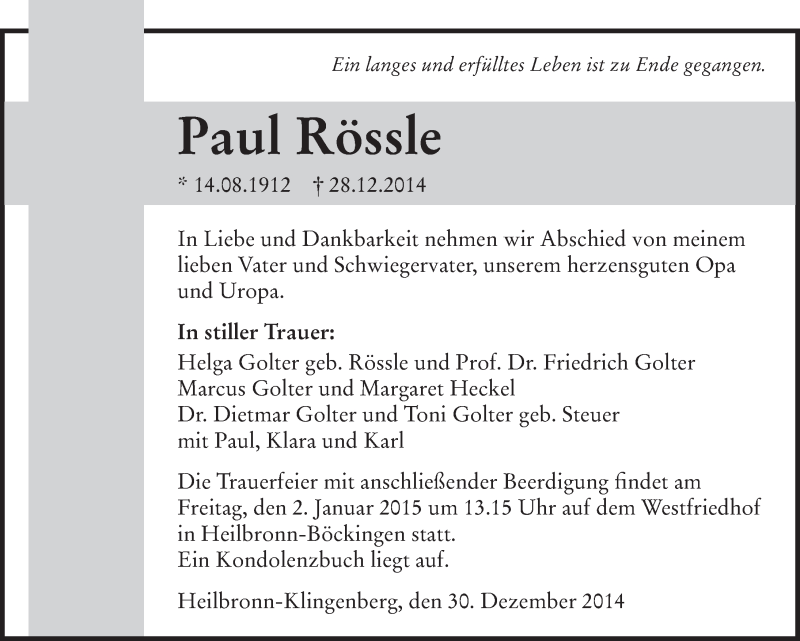  Traueranzeige für Paul Rössle vom 30.12.2014 aus 