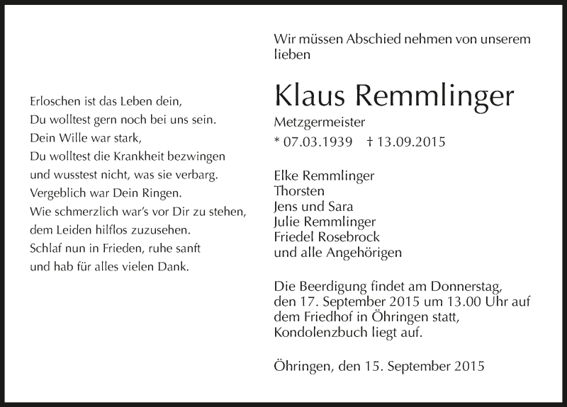  Traueranzeige für Klaus Remmlinger vom 15.09.2015 aus 