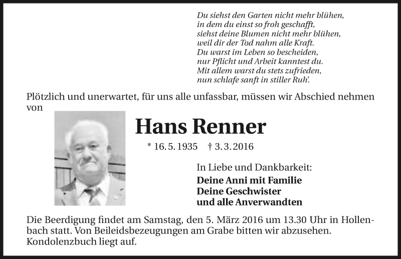  Traueranzeige für Hans Renner vom 04.03.2016 aus 
