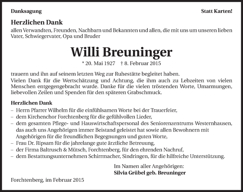  Traueranzeige für Willi Breuninger vom 28.02.2015 aus 