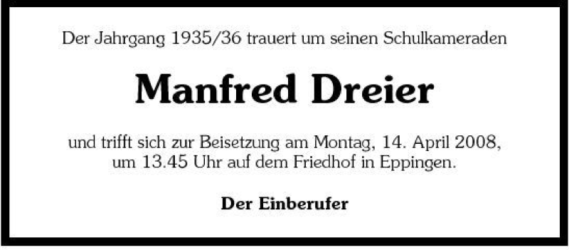  Traueranzeige für Manfred Dreier vom 12.04.2008 aus 