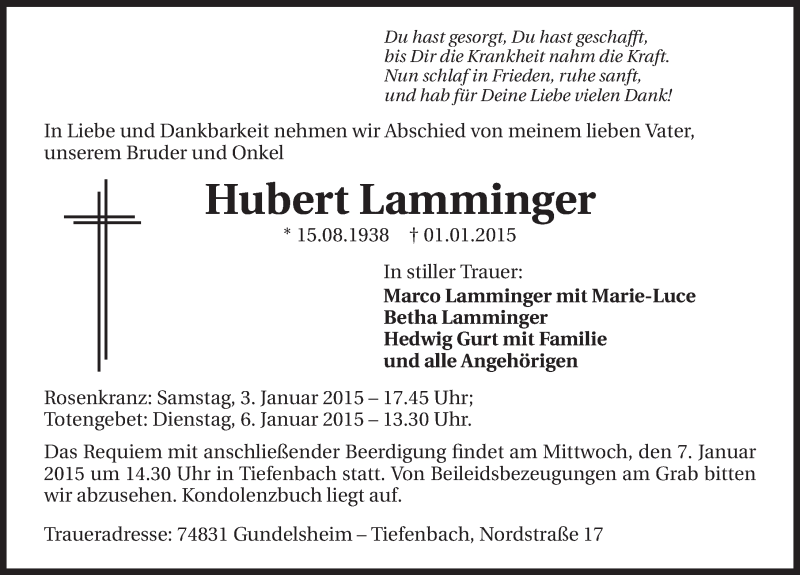  Traueranzeige für Hubert Lamminger vom 03.01.2015 aus 