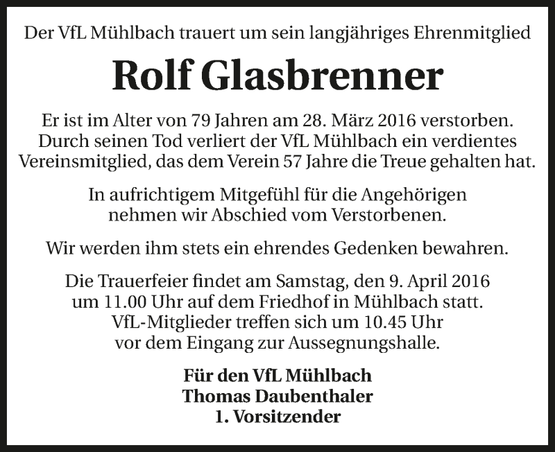  Traueranzeige für Rolf Glasbrenner vom 06.04.2016 aus 