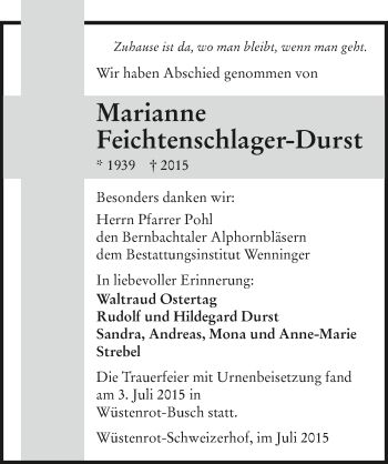 Traueranzeige von Marianne Feichtenschlager-Durst 