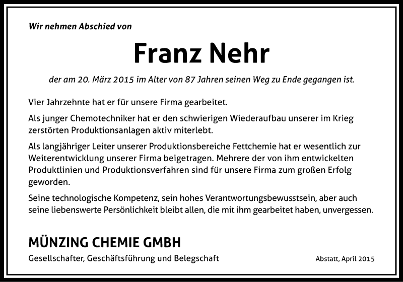  Traueranzeige für Franz Nehr vom 01.04.2015 aus 