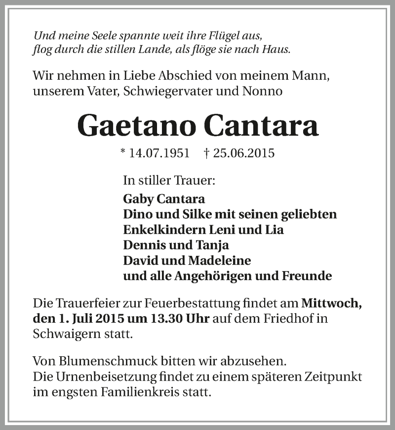  Traueranzeige für Gaetano Cantara vom 30.06.2015 aus 