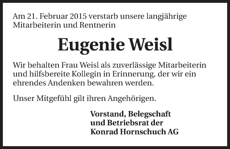 Traueranzeige für Eugenie Weisl vom 13.03.2015 aus 