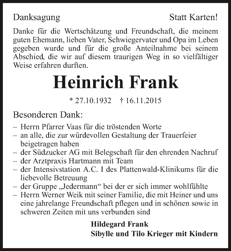  Traueranzeige für Heinrich Frank vom 03.12.2015 aus 