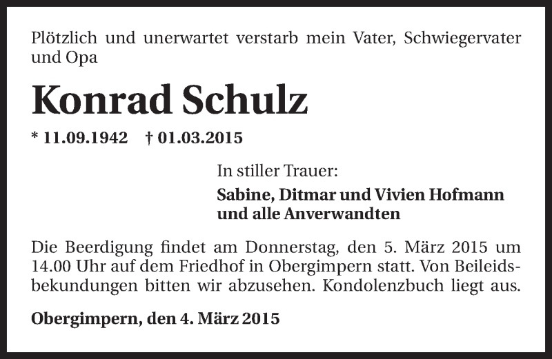  Traueranzeige für Konrad Schulz vom 04.03.2015 aus 