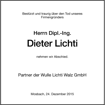 Traueranzeige von Dieter Lichti 