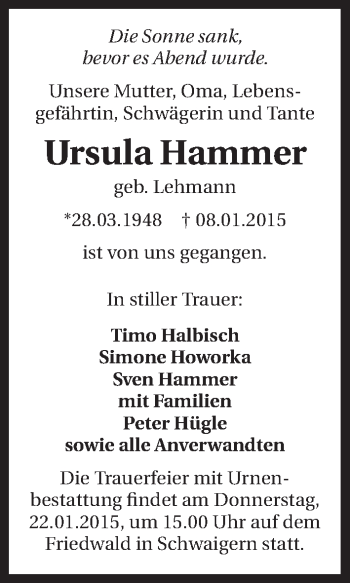 Traueranzeige von Ursula Hammer 
