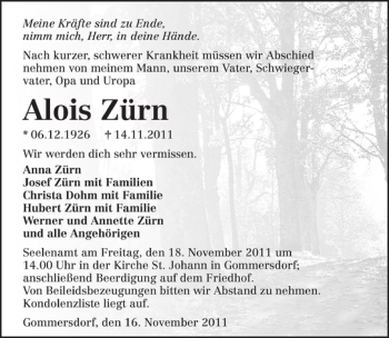 Traueranzeige von Alois Zürn 