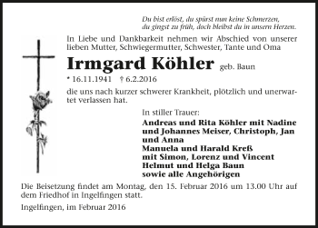 Traueranzeige von Irmgard Köhler 