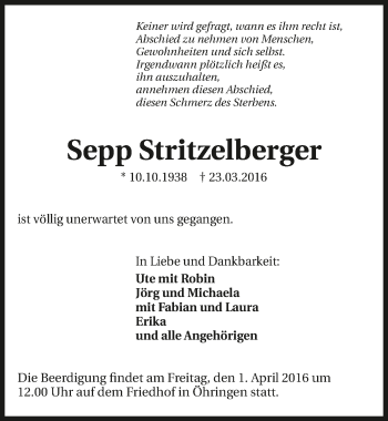 Traueranzeige von Sepp Stritzelberger 