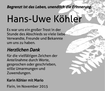 Traueranzeige von Hans-Uwe Köhler 
