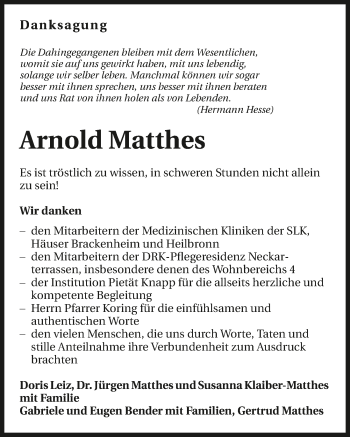 Traueranzeige von Arnold Matthes 