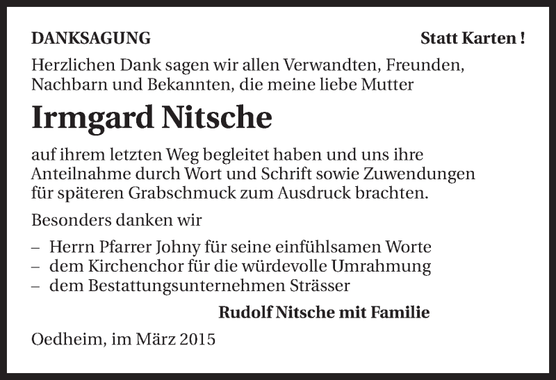 Traueranzeige für Irmgard Nitsche vom 06.03.2015 aus 