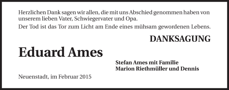 Traueranzeige für Eduard Ames vom 25.02.2015 aus 