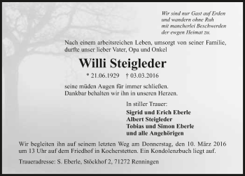 Traueranzeige von Willi Steigleder 