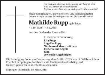 Traueranzeige von Mathilde Rupp 