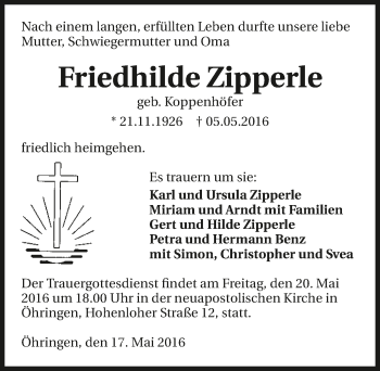 Traueranzeige von Friedhilde Zipperle 