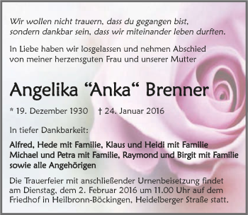 Traueranzeige von Angelika Brenner 