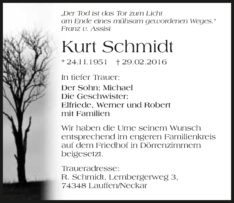  Traueranzeige für Kurt Schmidt vom 23.03.2016 aus 