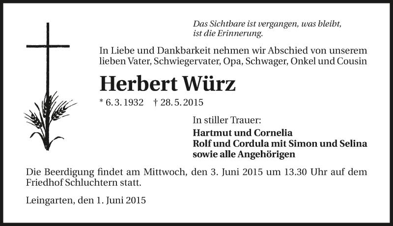  Traueranzeige für Herbert Würz vom 01.06.2015 aus 