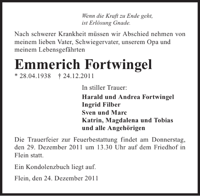  Traueranzeige für Emmerich Fortwingel vom 28.12.2011 aus 