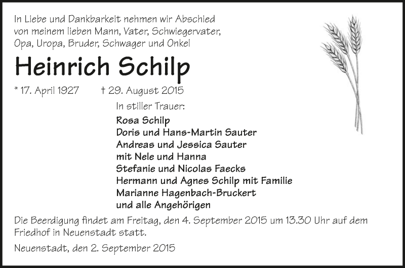  Traueranzeige für Heinrich Schilp vom 02.09.2015 aus 