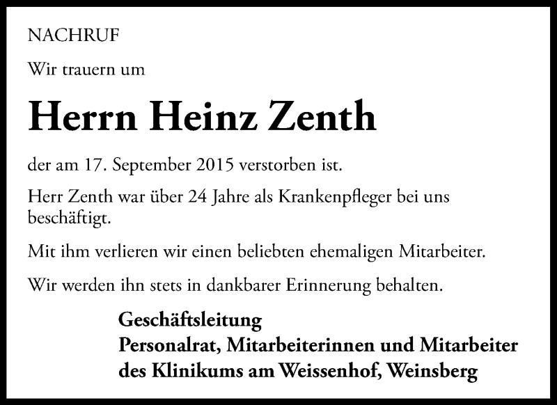  Traueranzeige für Heinz Zenth vom 22.09.2015 aus 