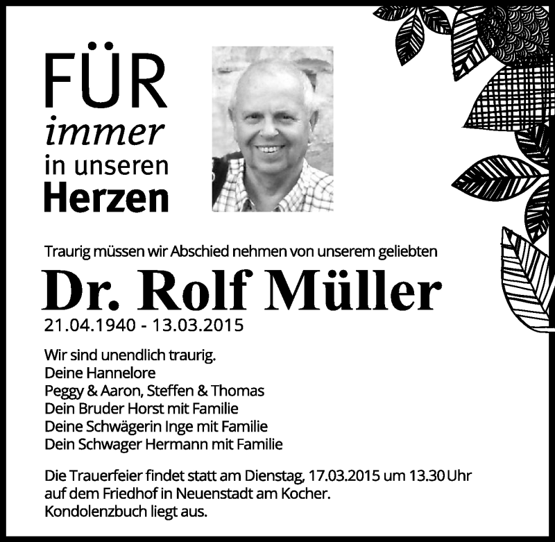  Traueranzeige für Rolf Müller vom 16.03.2015 aus 