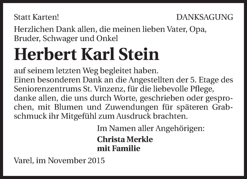  Traueranzeige für Herbert Stein vom 16.11.2015 aus 