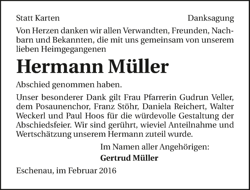  Traueranzeige für Hermann Müller vom 20.02.2016 aus 